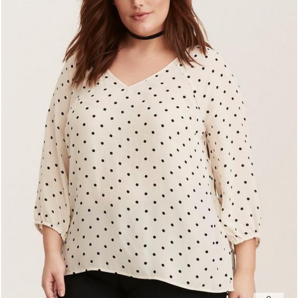 TORRID Georgette Off-white & Black Polka Dot Semi-Sheer Blouse 3/4 Sleeves 3X